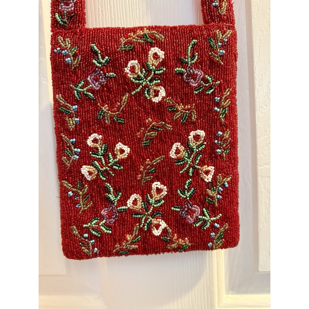 Vintage Christiana Red Beaded Floral Crossbody Shoulder Bag Purse India